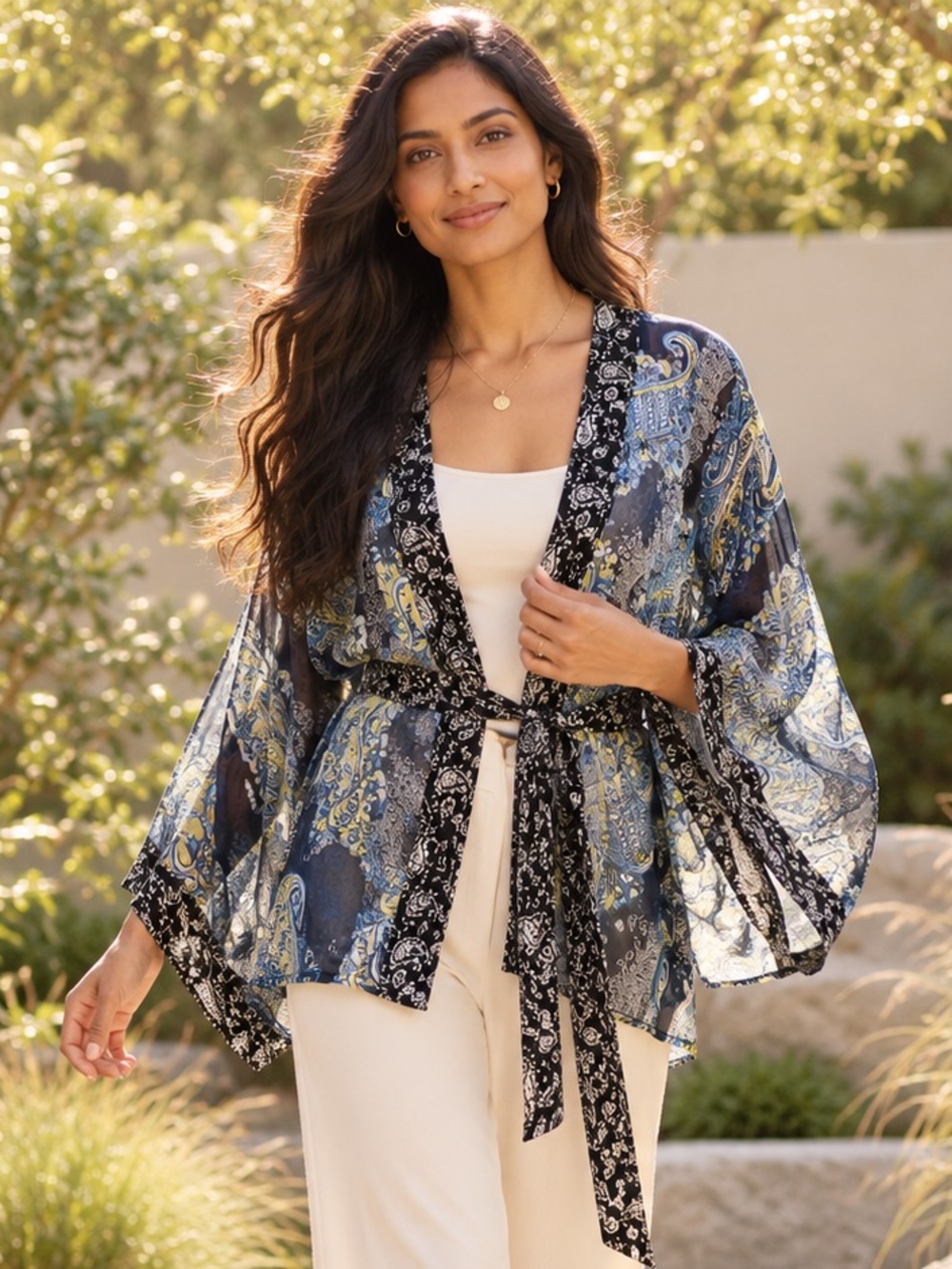 SONOMA Boho Paisley Sheer Kimono Wrap Top Belted Wide Sleeve One Size